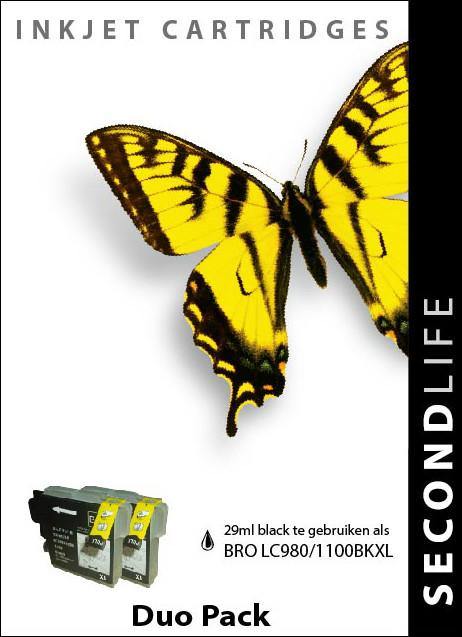 SecondLife - Duopack Brother LC 980 / 1100 Black - 2x 29ml. - Printervoordeel